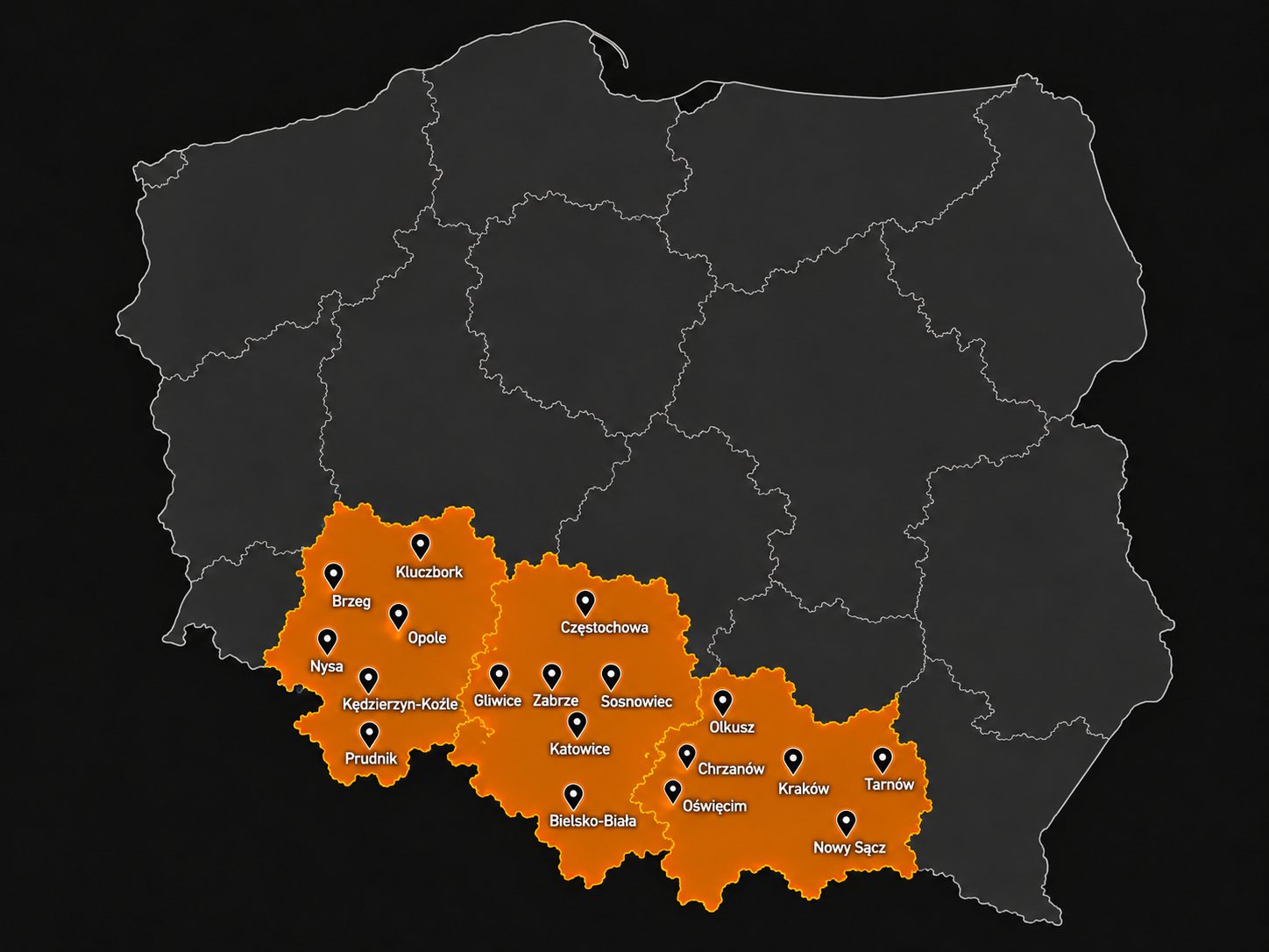 Mapa obszaru działania Drakar — województwa opolskie, śląskie i małopolskie